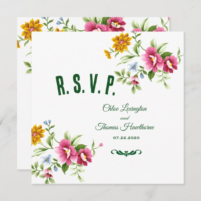 Schöne Frühlingsblumen Hochzeitkarte RSVP Einladung (Vorne/Hinten)