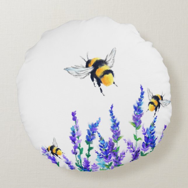 Schöne Frühlingsblumen und Bienen fliegen - Zeichn Rundes Kissen (Rückseite)
