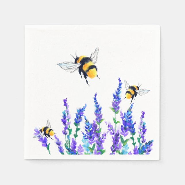 Schöne Frühlingsblumen und Bienen fliegen - Zeichn Serviette (Vorderseite)