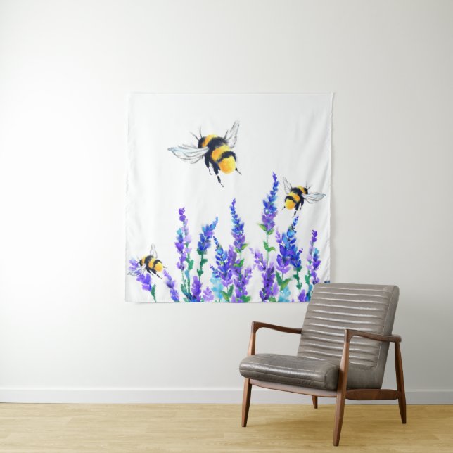 Schöne Frühlingsblumen und Bienen fliegen - Zeichn Wandteppich (Beispiel)