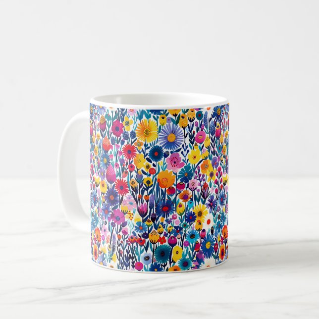 Schöne Frühlingsfarbenfrohe Girl-Wildblumen Kaffeetasse (Vorderseite Links)