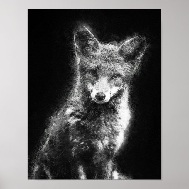 schöne Fuchs Schwarz-Weiß-Skizze Poster (Vorne)