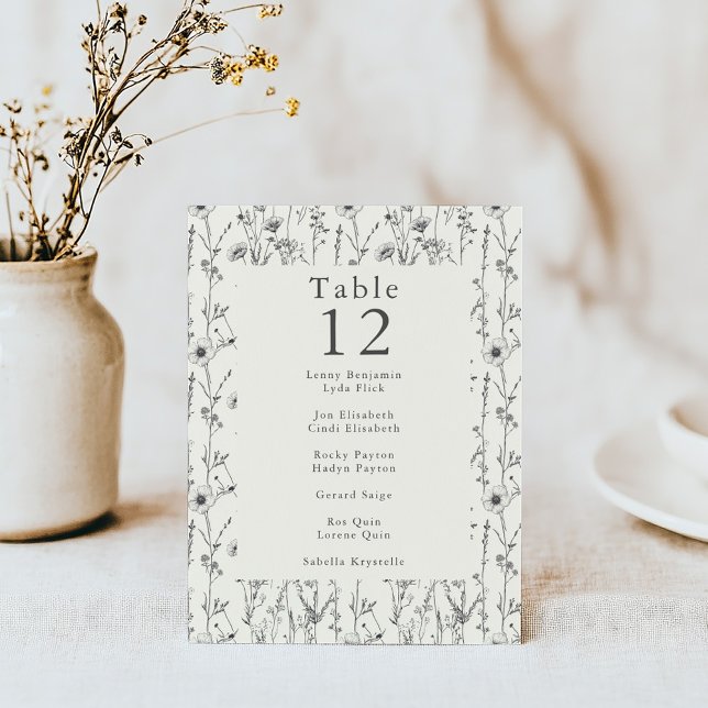 Schöne Gartenwildblumen-Tischnummer-Platzkarte Einladung (Sophisticated wildflower table number cards with detailed and delicate floral illustrations)