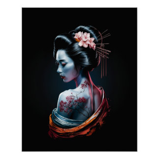 Schöne Geisha Art Print - Schwarzer Hintergrund Poster