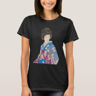 Schöne Geisha in blauem Kimono, japanische Malerei T-Shirt
