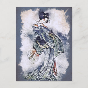 Schöne Geisha in Kimono Vintage-Wasserfarbenkunst Feiertagspostkarte
