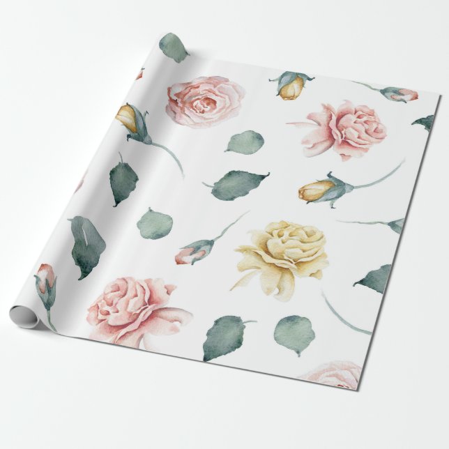 Schöne, gelb und rosa Rose mit Blumen Geschenkpapier (Ungerollt)