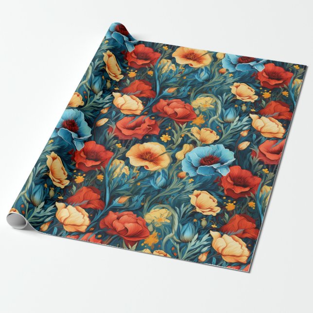 Schöne gelbe blaue Blumen Botanische Printwerbung Geschenkpapier (Ungerollt)