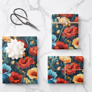Schöne gelbe blaue Blumen Botanische Printwerbung Geschenkpapier Set