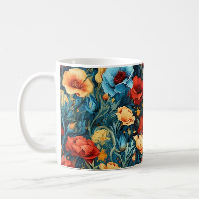 Schöne gelbe blaue Blumen Botanische Printwerbung Kaffeetasse (Links)