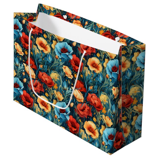 Schöne gelbe blaue und rote Blumenmuster Große Geschenktüte (Vorderseite Schrägansicht)