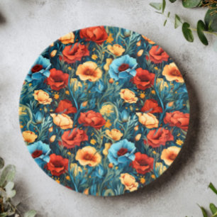 Schöne gelbe blaue und rote Blumenmuster Pappteller