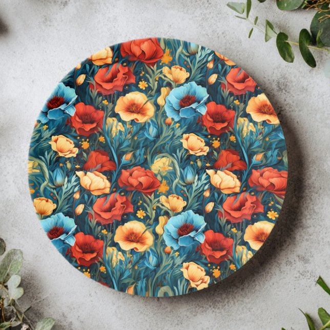 Schöne gelbe blaue und rote Blumenmuster Pappteller (Von Creator hochgeladen)