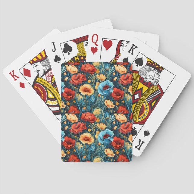 Schöne gelbe blaue und rote Blumenmuster Spielkarten (Rückseite)