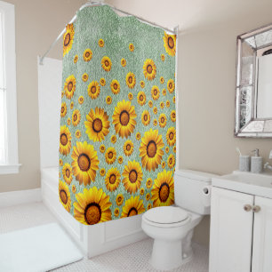 Schöne gelbe Blumen auf dunklem Kalkgrün Duschvorhang