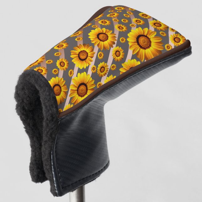 Schöne gelbe Blumen auf grauen, braunen Streifen Golf Headcover (3/4 Vorderseite)