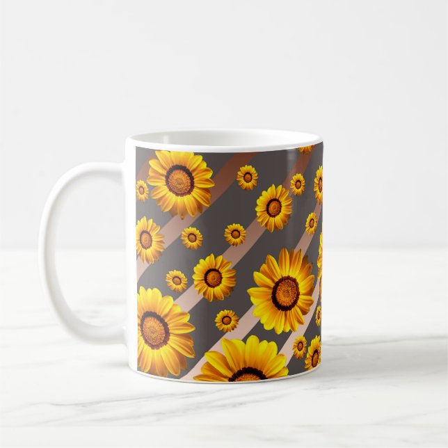 Schöne gelbe Blumen auf grauen, braunen Streifen Kaffeetasse (Links)
