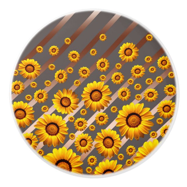 Schöne gelbe Blumen auf grauen, braunen Streifen Keramikknauf (Vorderseite)