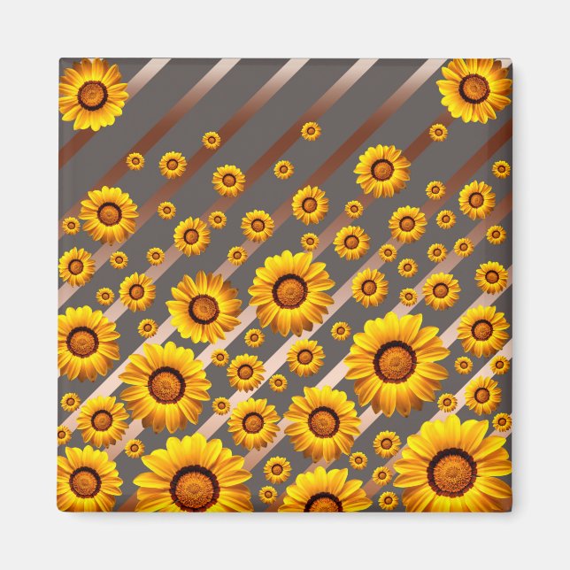 Schöne gelbe Blumen auf grauen, braunen Streifen Magnet (Vorne)