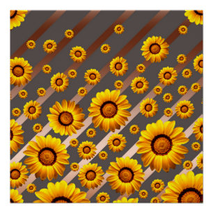 Schöne gelbe Blumen auf grauen, braunen Streifen Poster