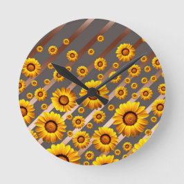 Schöne gelbe Blumen auf grauen, braunen Streifen Runde Wanduhr
