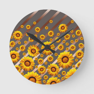 Schöne gelbe Blumen auf grauen, braunen Streifen Runde Wanduhr