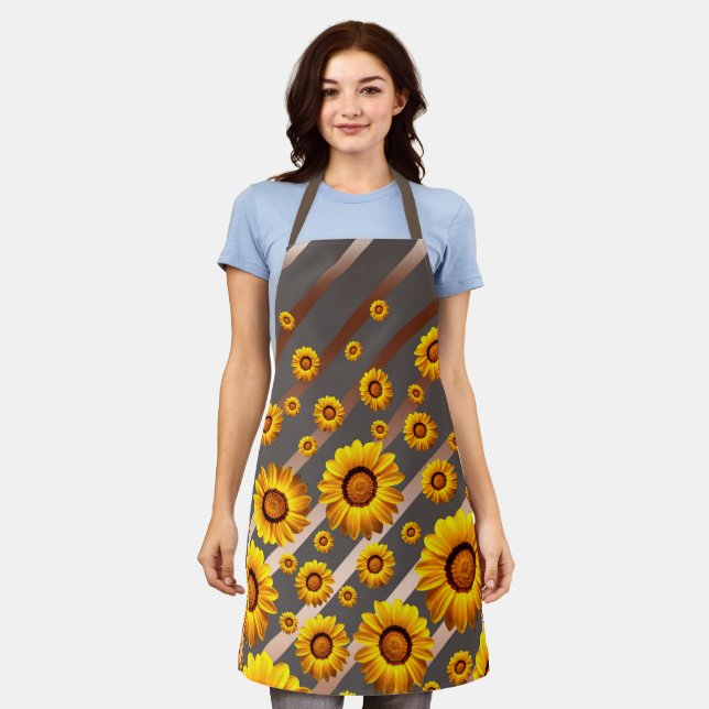 Schöne gelbe Blumen auf grauen, braunen Streifen Schürze (Getragen)