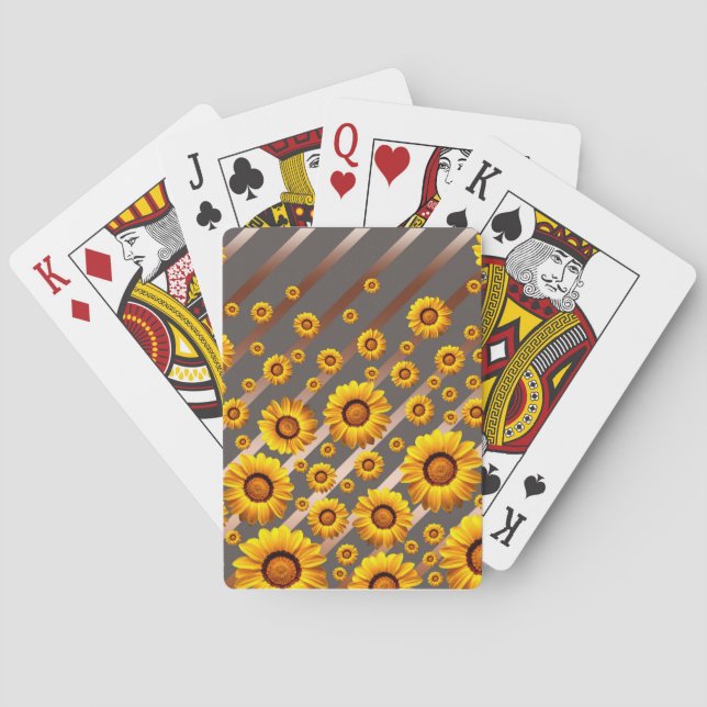 Schöne gelbe Blumen auf grauen, braunen Streifen Spielkarten (Rückseite)