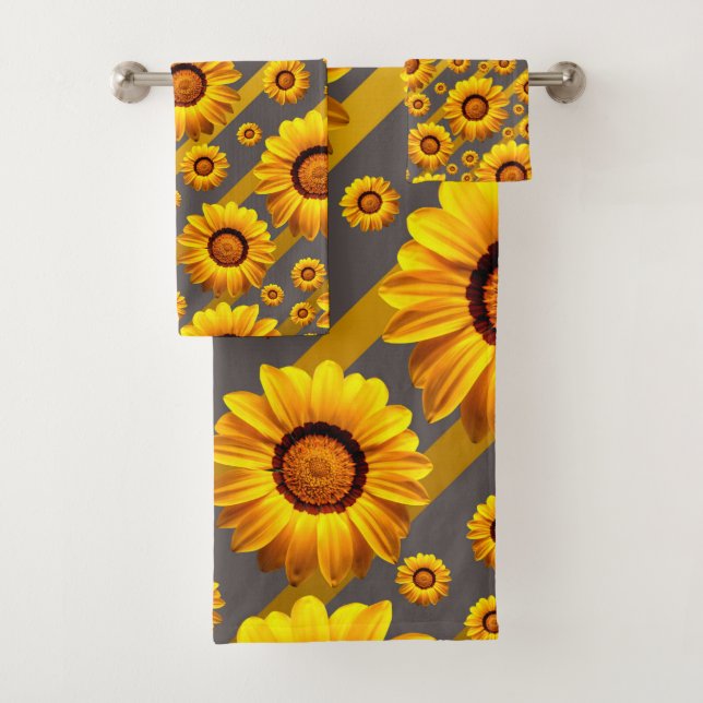 Schöne gelbe Blumen auf grauen, goldenen Streifen Badhandtuch Set (Insitu)