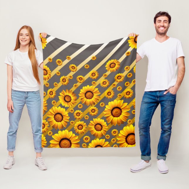 Schöne gelbe Blumen auf grauen, goldenen Streifen Fleecedecke (Beispiel)