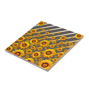 Schöne gelbe Blumen auf grauen, goldenen Streifen Fliese