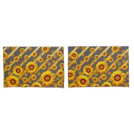 Schöne gelbe Blumen auf grauen, goldenen Streifen Kissenbezug