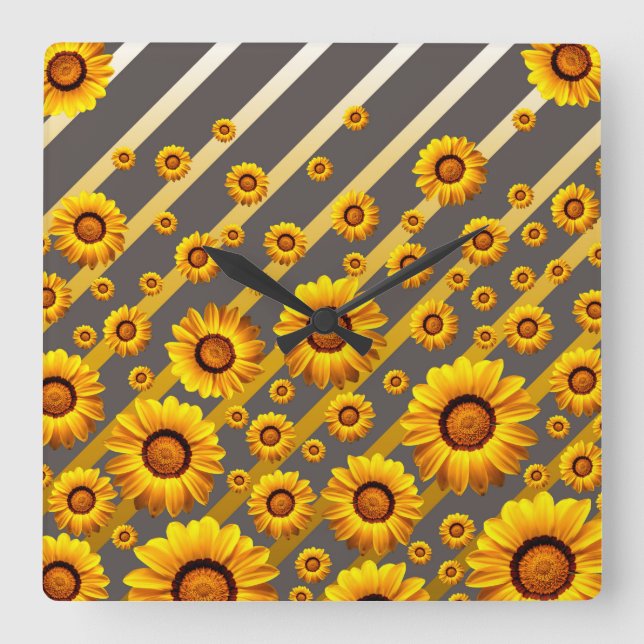 Schöne gelbe Blumen auf grauen, goldenen Streifen Quadratische Wanduhr (Vorderseite)