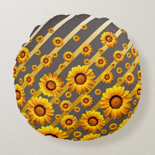 Schöne gelbe Blumen auf grauen, goldenen Streifen Rundes Kissen (Vorderseite)
