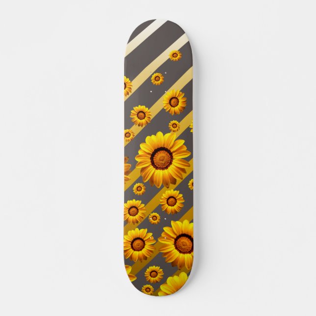 Schöne gelbe Blumen auf grauen, goldenen Streifen Skateboard (Vorne)