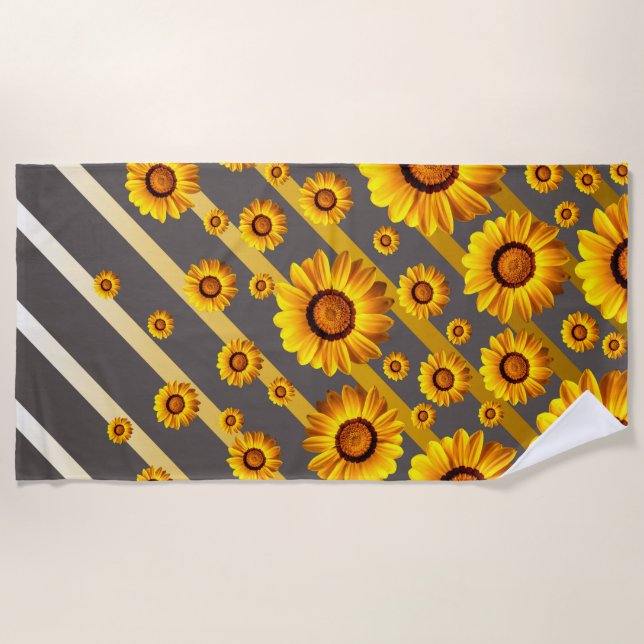Schöne gelbe Blumen auf grauen, goldenen Streifen Strandtuch (Vorderseite)