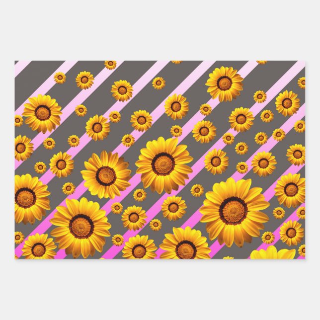 Schöne gelbe Blumen auf grauen, rosa Streifen Geschenkpapier Set (Vorderseite)