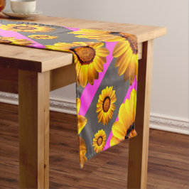 Schöne gelbe Blumen auf grauen, rosa Streifen Kurzer Tischläufer