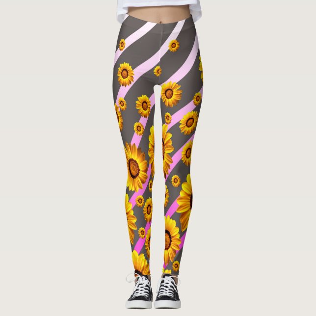 Schöne gelbe Blumen auf grauen, rosa Streifen Leggings (Vorderseite)