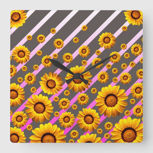Schöne gelbe Blumen auf grauen, rosa Streifen  Quadratische Wanduhr (Vorderseite)