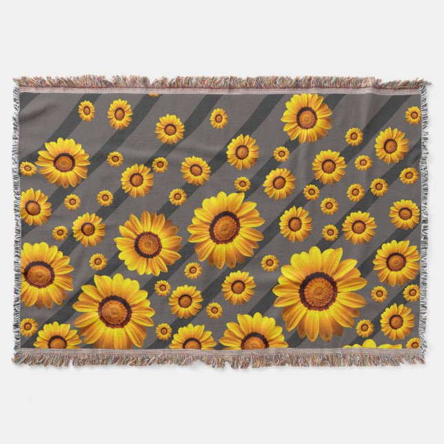 Schöne gelbe Blumen auf grauen, schwarzen Streifen Decke (Vorderseite)