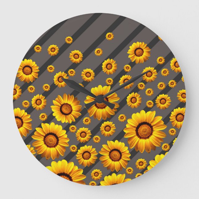 Schöne gelbe Blumen auf grauen, schwarzen Streifen Große Wanduhr (Vorderseite)