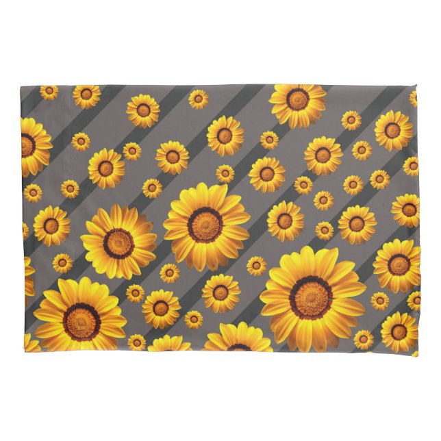 Schöne gelbe Blumen auf grauen, schwarzen Streifen Kissenbezug (Vorderseite)