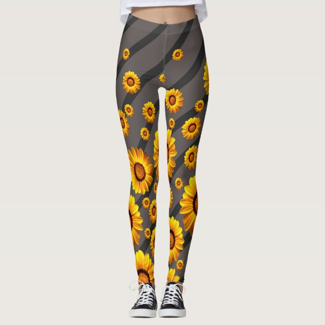 Schöne gelbe Blumen auf grauen, schwarzen Streifen Leggings (Vorderseite)