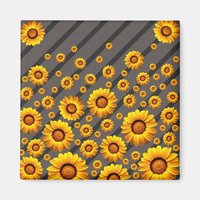 Schöne gelbe Blumen auf grauen, schwarzen Streifen Magnet (Vorne)