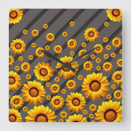 Schöne gelbe Blumen auf grauen, schwarzen Streifen Quadratische Wanduhr