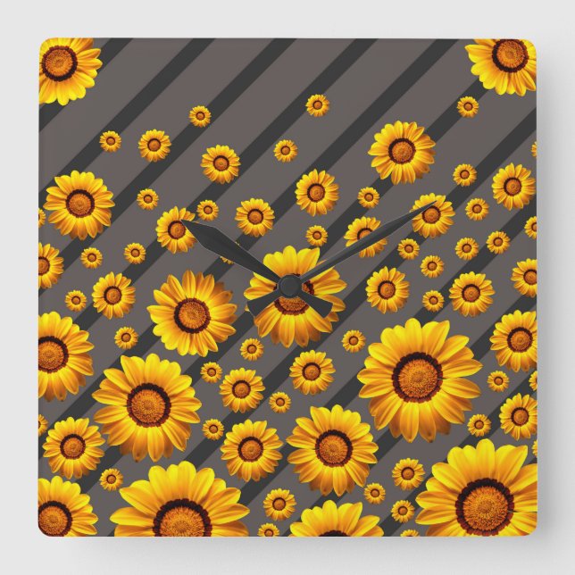 Schöne gelbe Blumen auf grauen, schwarzen Streifen Quadratische Wanduhr (Vorderseite)