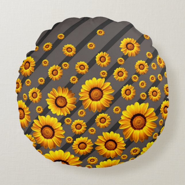 Schöne gelbe Blumen auf grauen, schwarzen Streifen Rundes Kissen (Vorderseite)