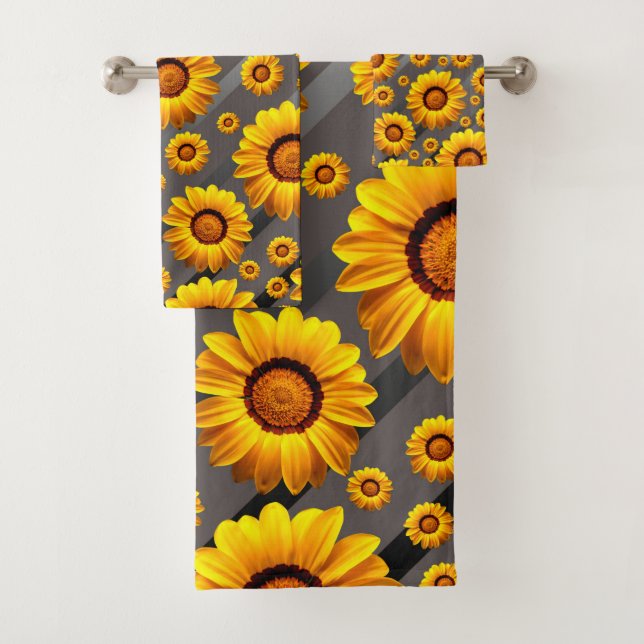 Schöne gelbe Blumen auf grauen, silbernen Streifen Badhandtuch Set (Insitu)
