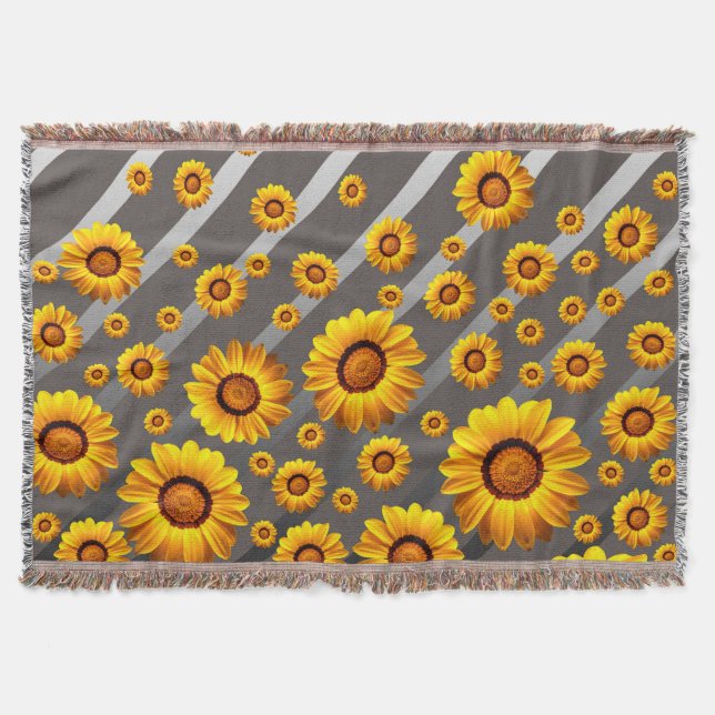 Schöne gelbe Blumen auf grauen, silbernen Streifen Decke (Vorderseite)